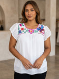 Blusa De Bordado En Cuadrille -Blanca y