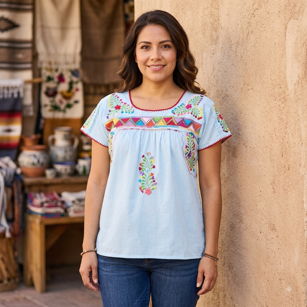 Blusa Deshilada Oaxaqueña ~Azul Claro ~Modelo Único