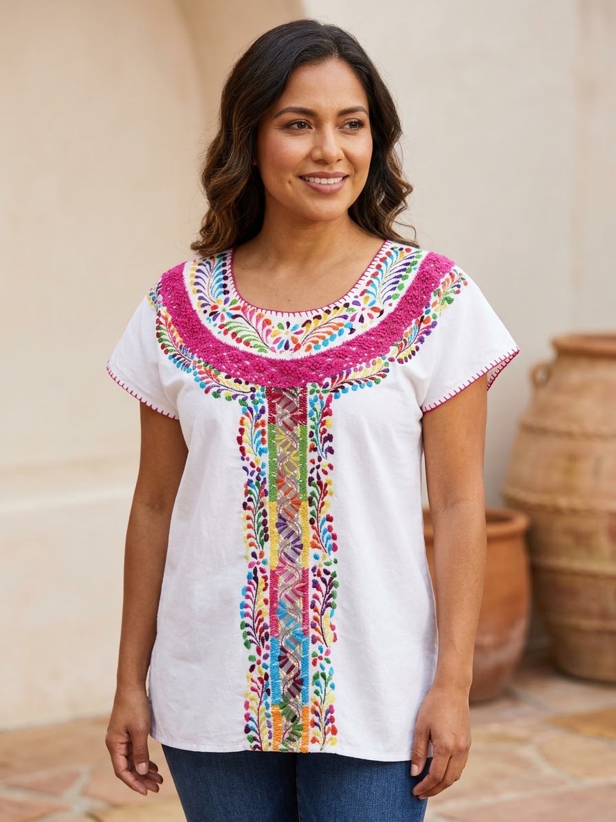 Blusa Con Tejido Randa Y Deshilado Nacional