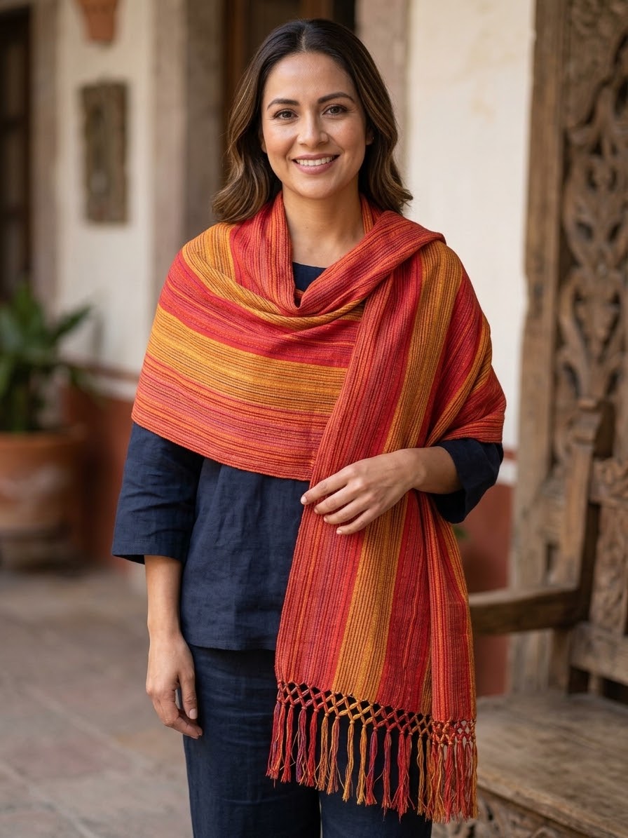 Rebozo De Telar - Naranja Con  Dorado