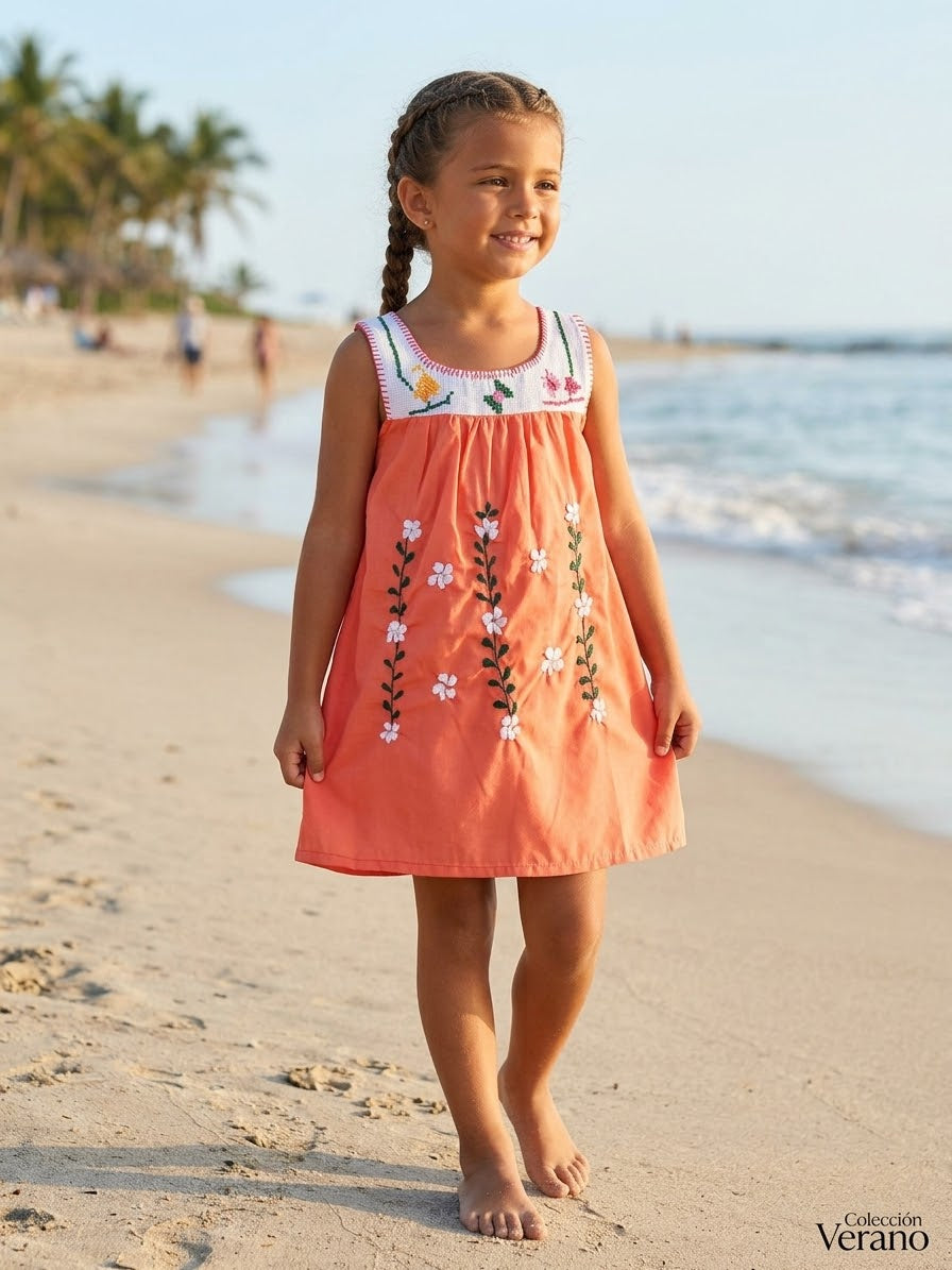 Vestidos De Niña Bordados- Modelos Unicos -Naranja y Azul
