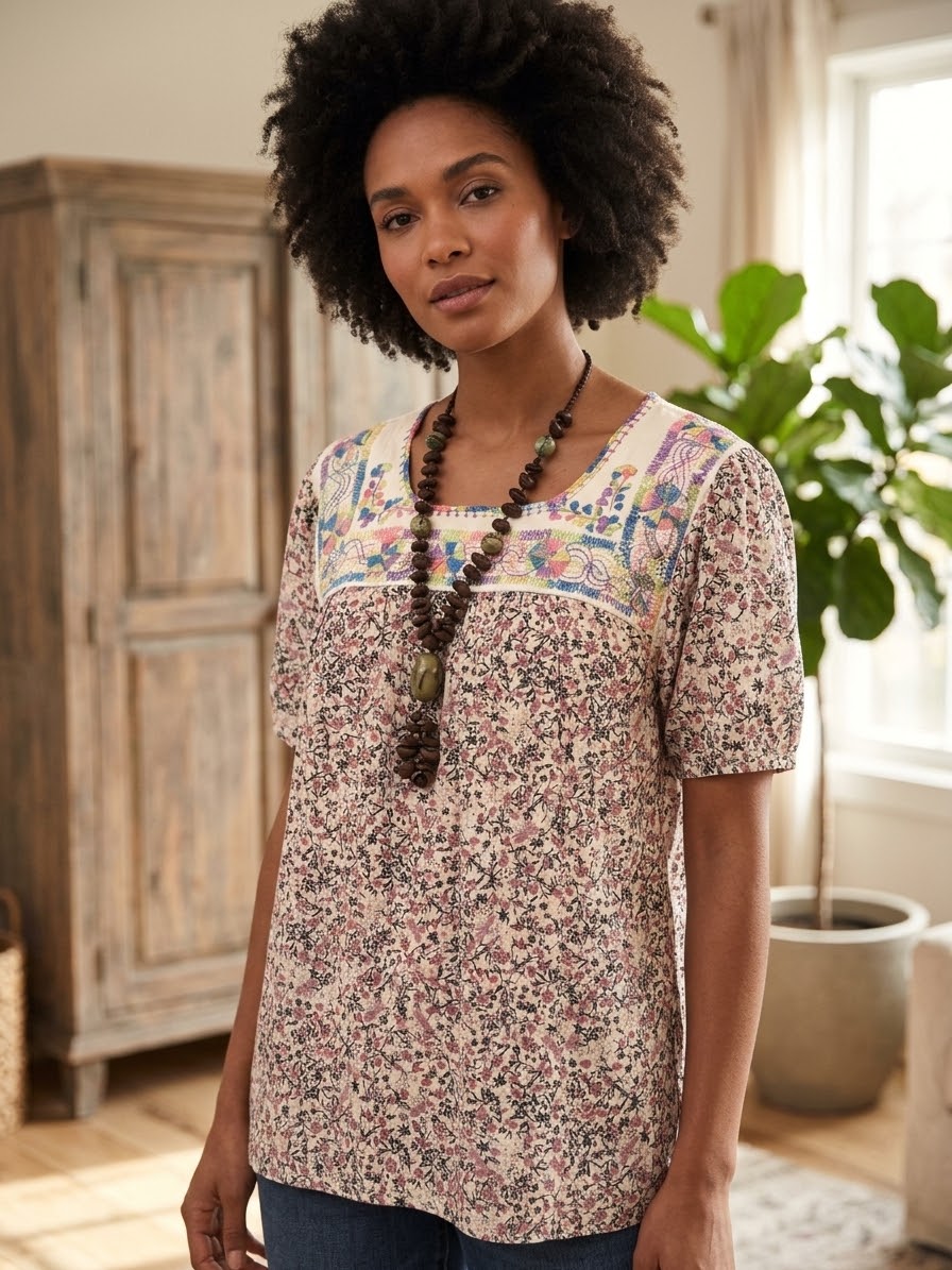 Blusa Floreada Deshilada - Cafe