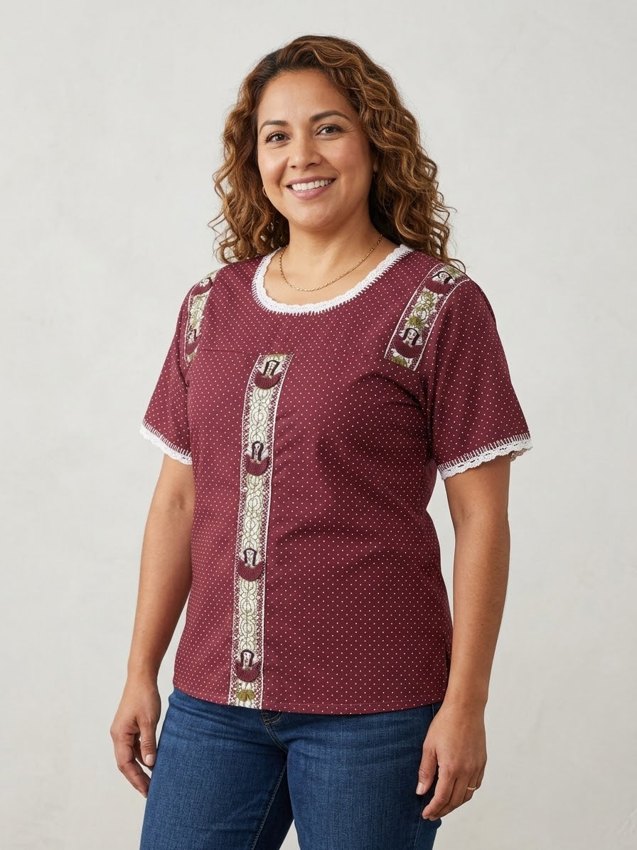 Blusa deshilada Oaxaqueña- De puntos -Vino