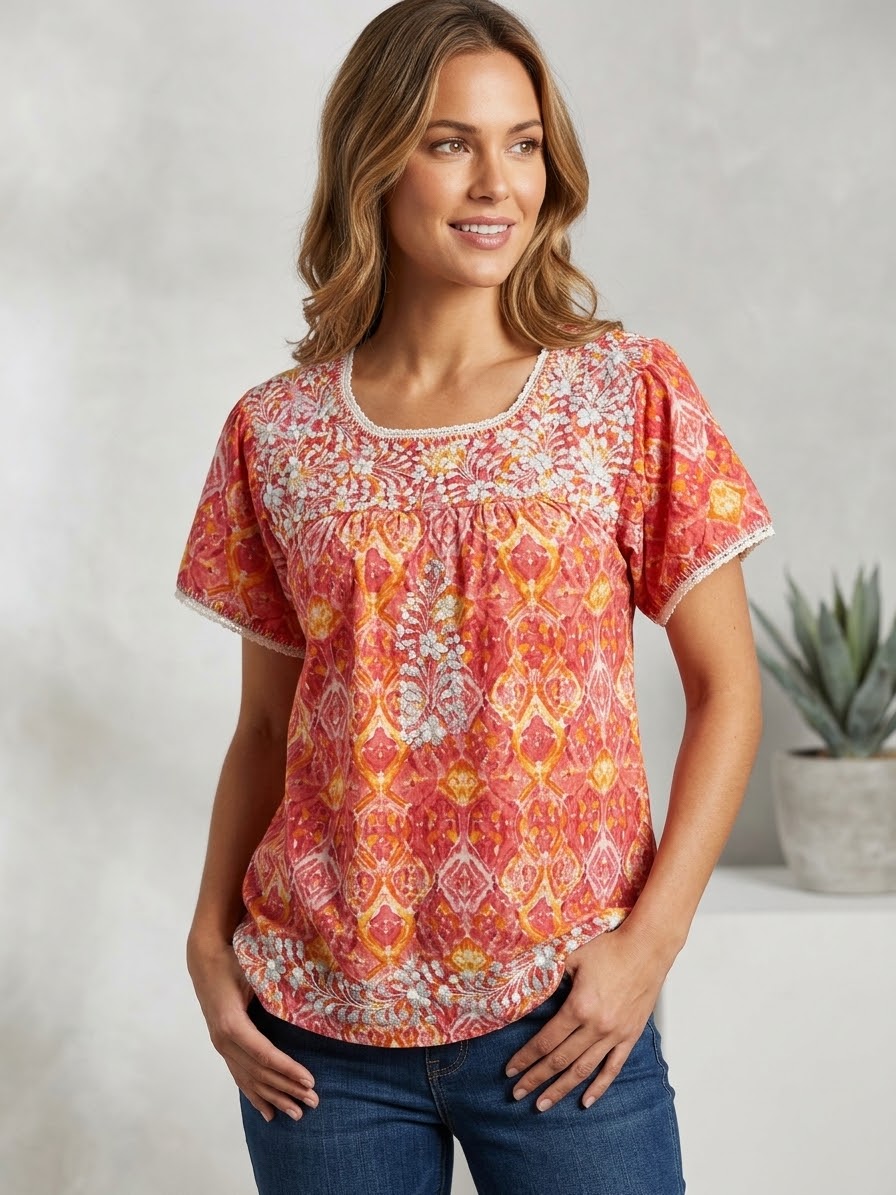 Blusa Bordada Oaxaqueña-Naranja - Modelo Único