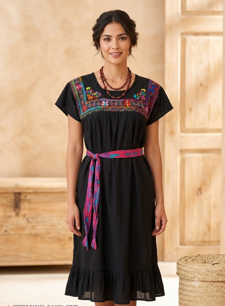 Vestido Negro Deshilando De Colores Oaxaqueño ~ Modelo Único