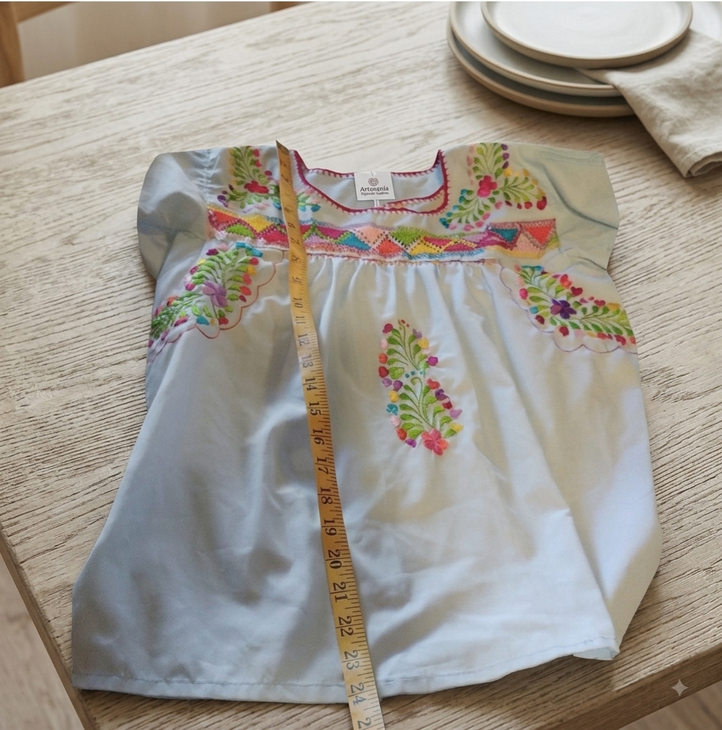 Blusa Deshilada Oaxaqueña ~Azul Claro ~Modelo Único