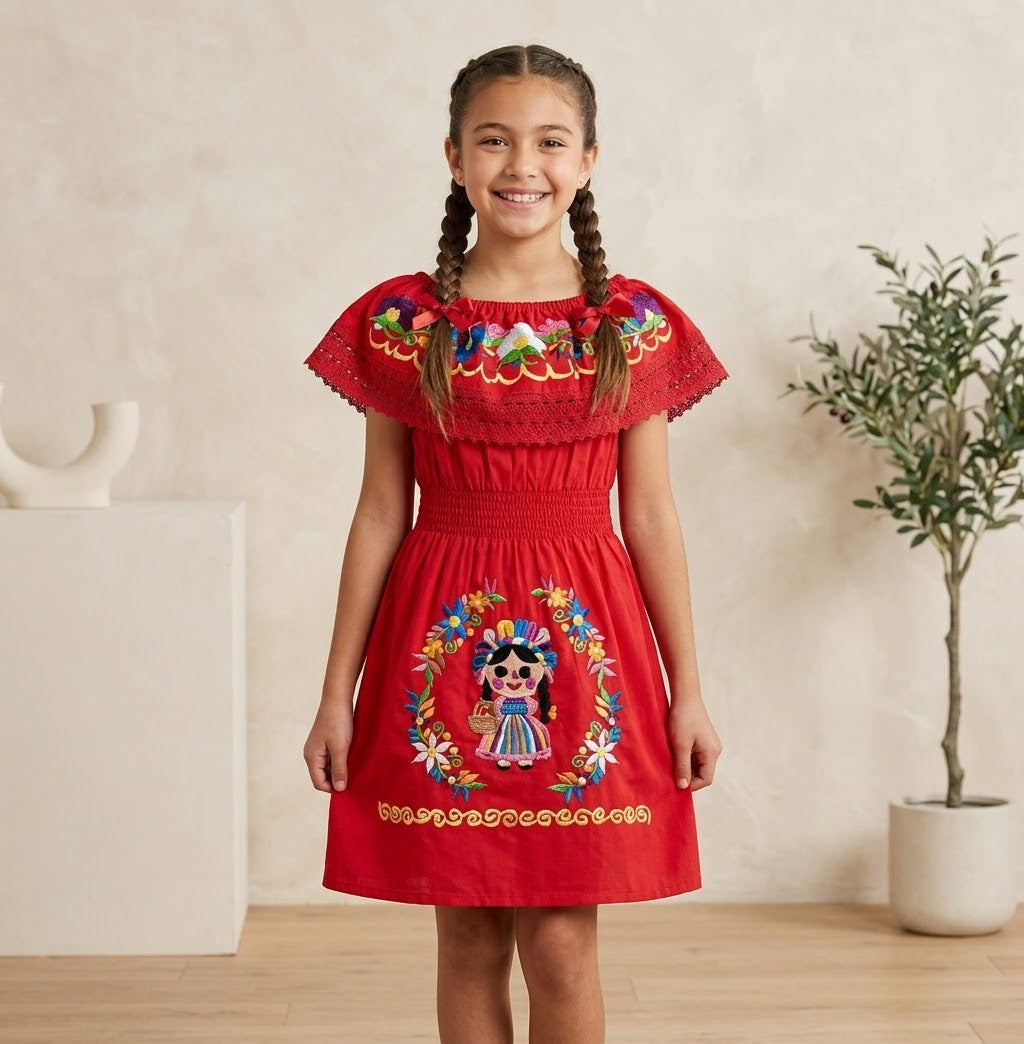 Vestido Rojo De Niña - Bordado De Colores