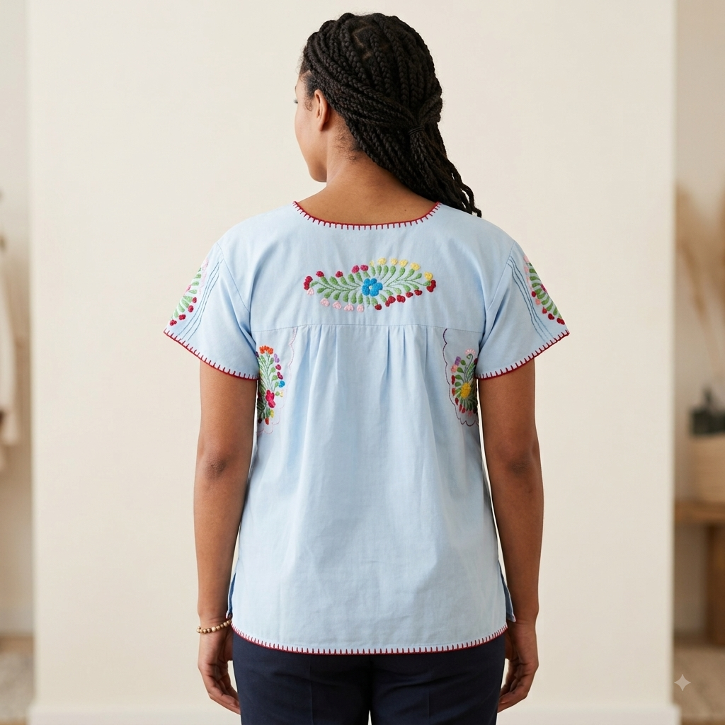 Blusa Deshilada Oaxaqueña ~Azul Claro ~Modelo Único