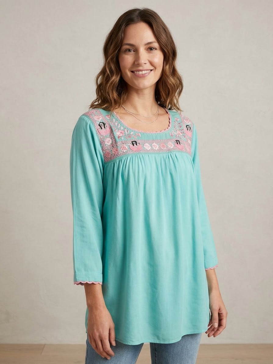 Blusa deshilada de tehuanas- Azul con rosa