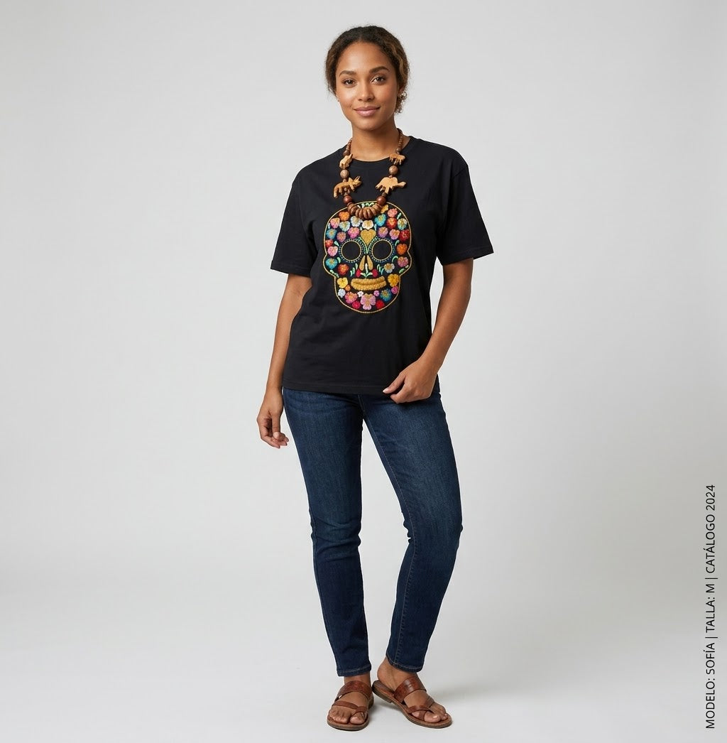 Playera Bordada Oaxaqueña Azul Marino Bordada Con Calavera ~ Modelo Único