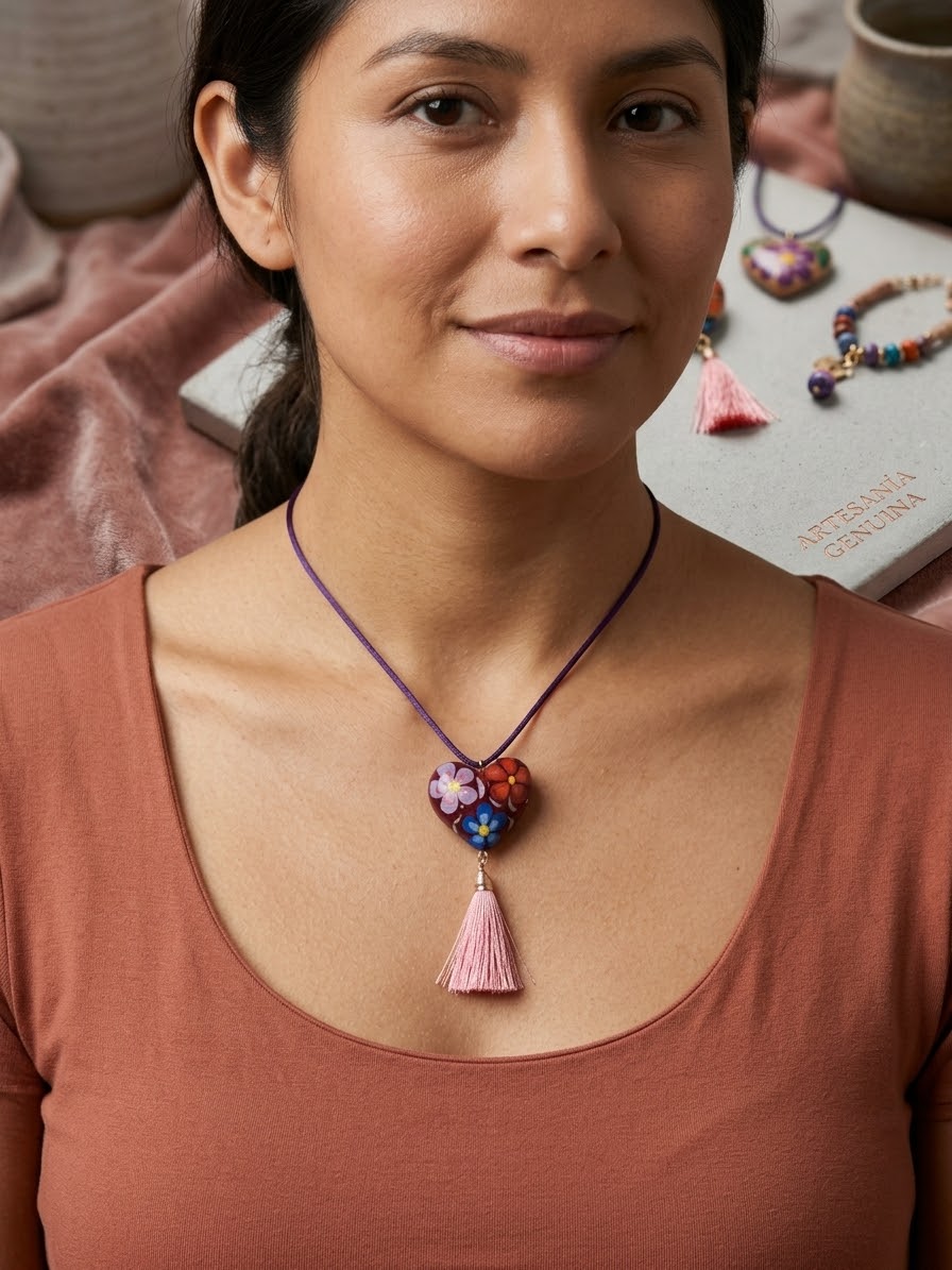 Collares de corazón con ponpones ~ Morado Y Rosa