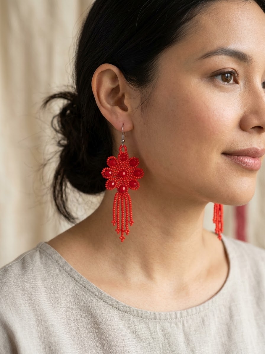 Aretes Rojos De Chaquira -Modelo Único