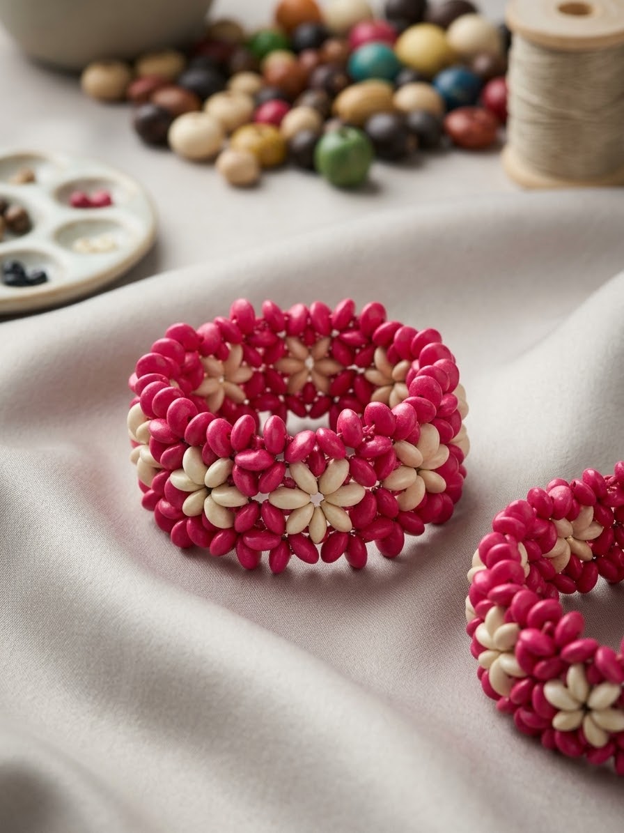 Pulsera Fucsia Con Flores beige- Modelo Único