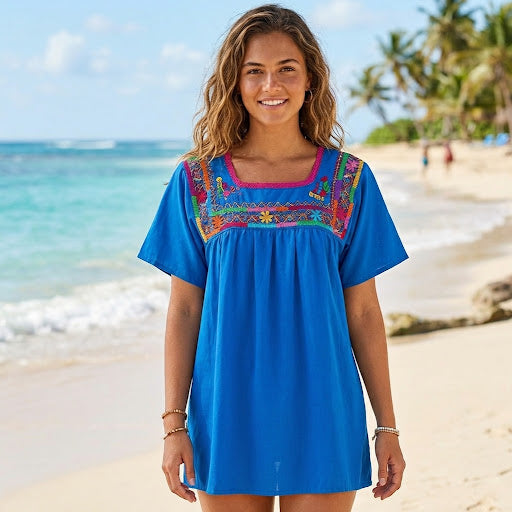 Blusa Deshilanda Oaxaqueña ~Azul ~Modelo Único