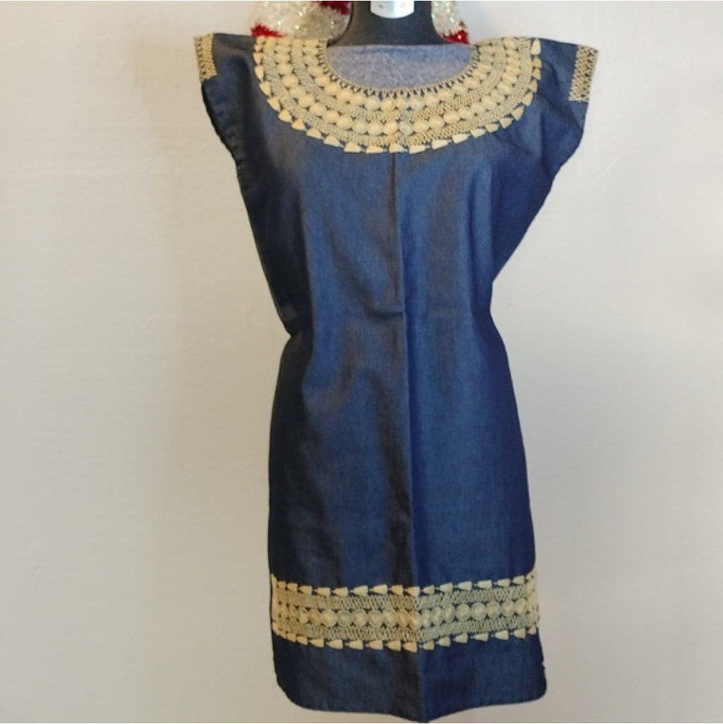 Vestido Recto Bordado Oaxaqueño ~Navy ~Modelo Único