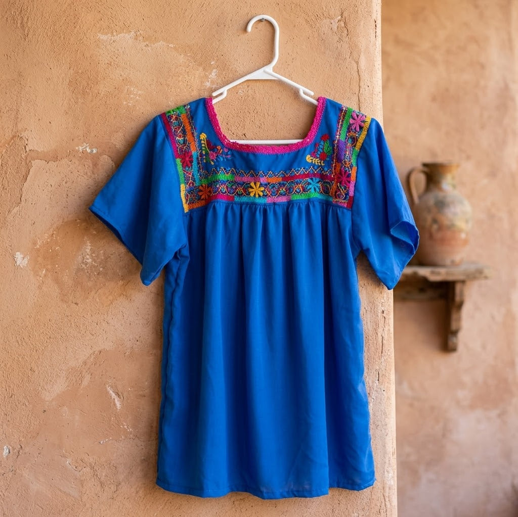 Blusa Deshilanda Oaxaqueña ~Azul ~Modelo Único