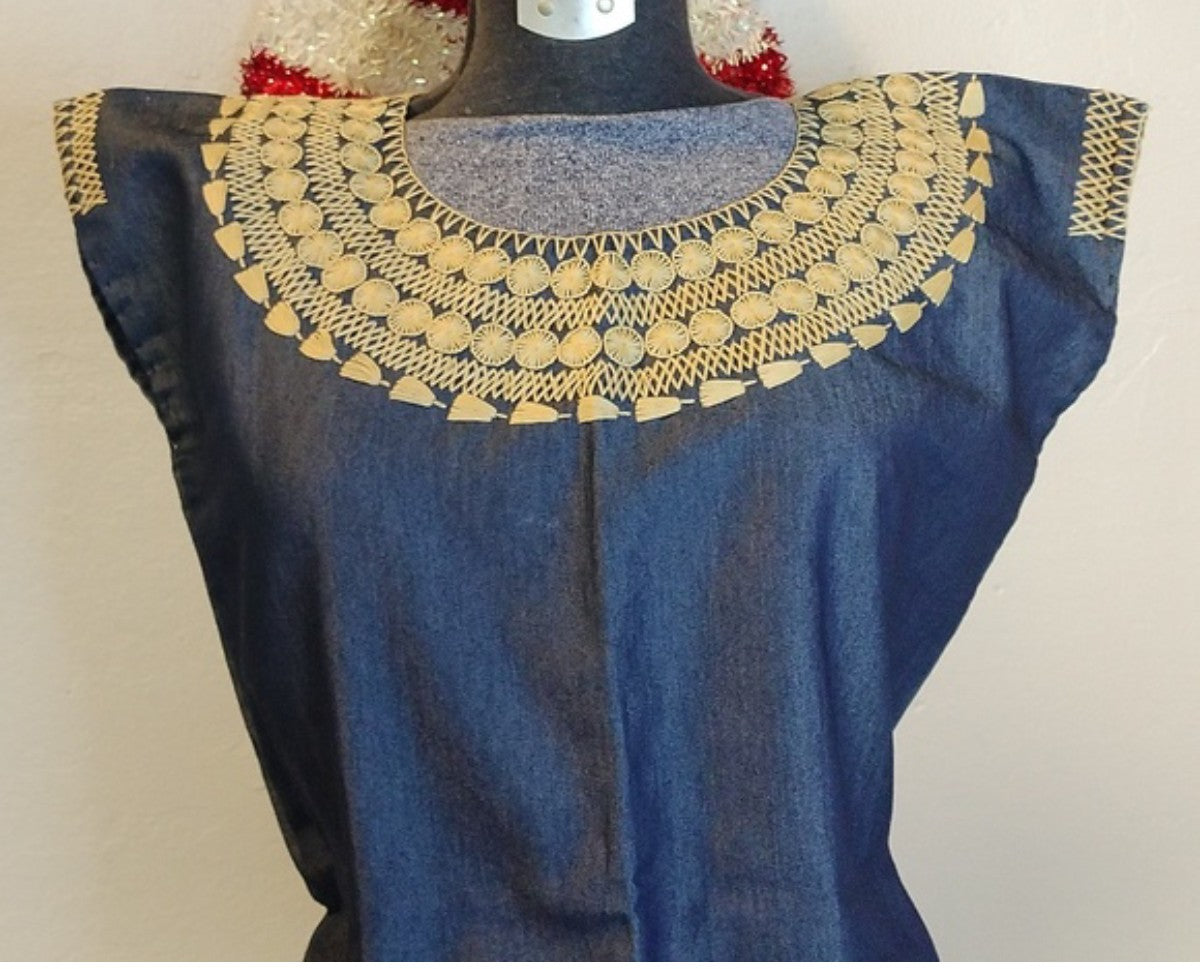 Vestido Recto Bordado Oaxaqueño ~Navy ~Modelo Único