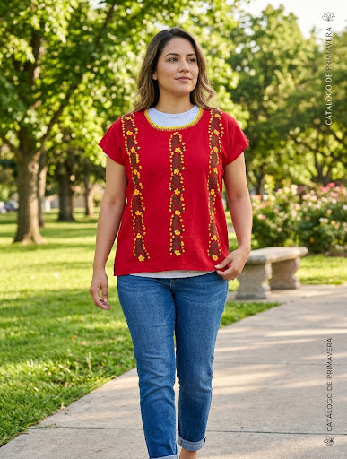 Blusa Roja Bordada con Hilo de Seda Abierta por Detrás – Talla L